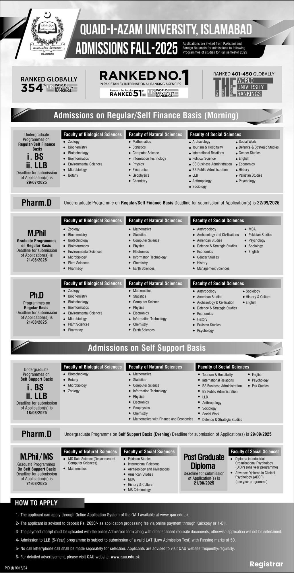 Admission Open in Quaid-i-Azam University Islamabad